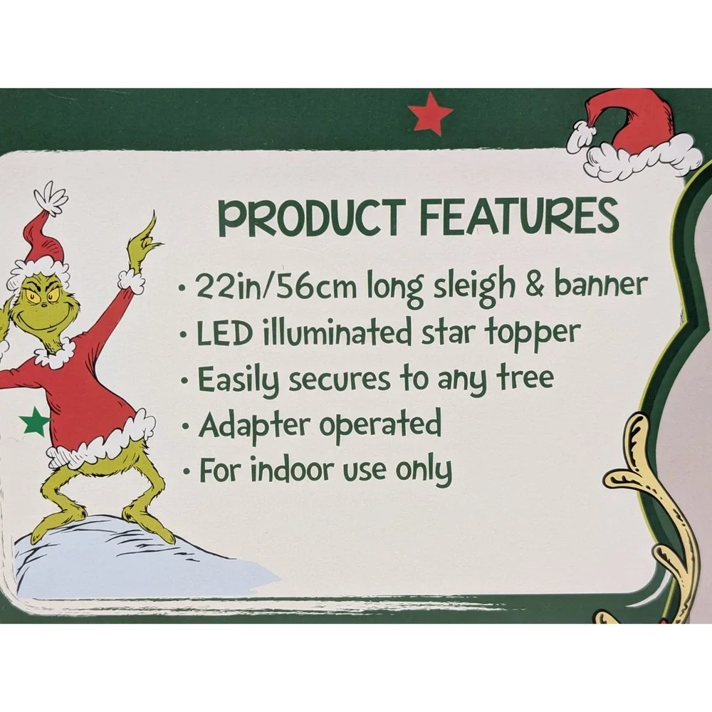 New Dr Seuss Grinch Sleigh Animated Christmas Tree Topper Merry Grinchmas LED